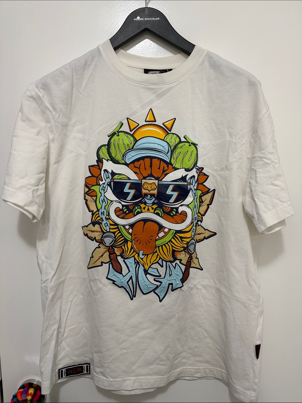 White Graphic Short Sleeve Tee with Multicolor Sun Mask Design